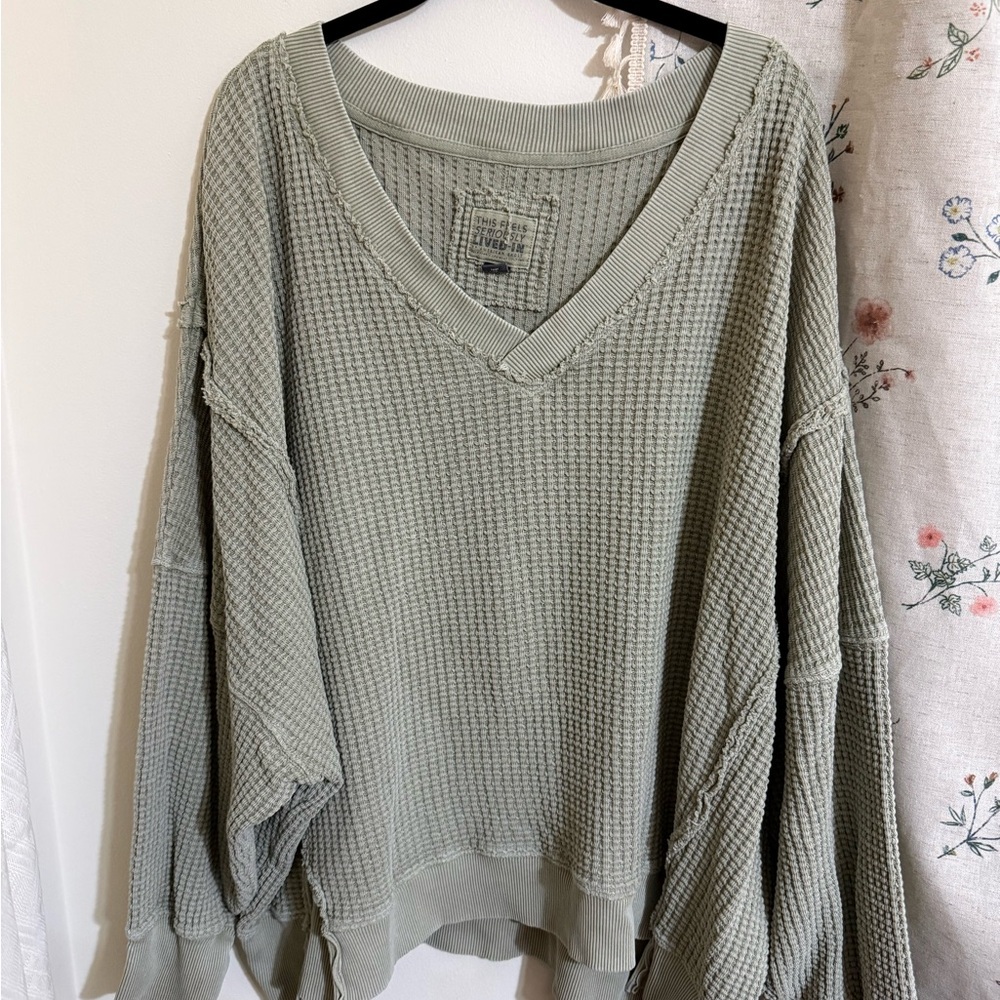 American Eagle Outfitters Light Sage Waffle V-Neck Sweatshirt